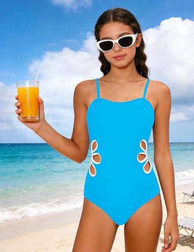 Image of Girls Swimsuit Adjustable Straps Cut Out One Piece Bathing Suit with Solid Color Cover Up Skirt Girls' Swimwear 5-16Y