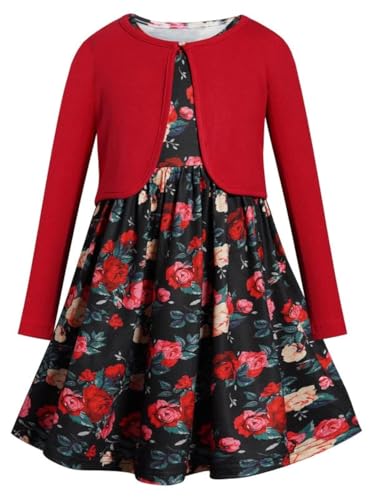 Bonny Billy Girls' Clothing Sets Flower Dress and Solid Cardigan 2 PCS Outfits 5-6t Red-3