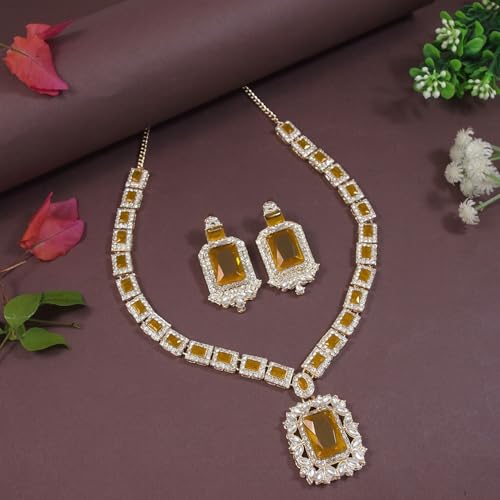 Image of I Jewels Gold Plated Stylish Design Crystal Diamond Necklace & Earrings Jewellery Set for Women