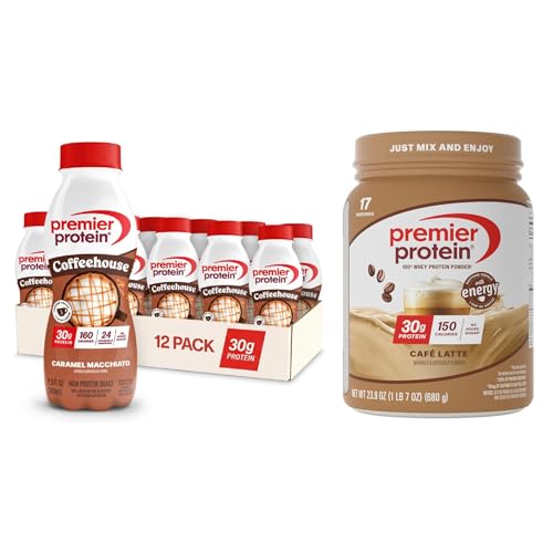 Coffee Lovers Bundle: Premier Protein Caramel Macchiato Protein Shake + Café Latte Protein Powder