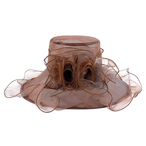 Haoohu Women's Church Derby Hat Wide Brim Bow Bucket Hat Wedding Dress Hat Fascinator Bridal Tea Party Hat, L-brown, One size