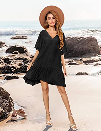 Aoulaydo Cover Ups For Swimwear Women Casual Loose Fitting Beach Dress V-Neck Bathing Suit Beachwear Black #TOP1