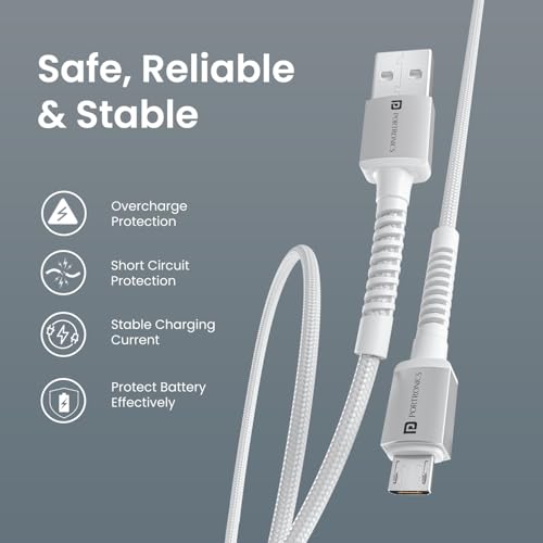 Image of Portronics Konnect X USB-A to Micro USB Fast Charging Cable With Max 3A Output,Fast Charging & Data Transfer, Nylon Braided, Aluminium Alloy Shell, 1M Length compatible with Micro usb Devices(White)