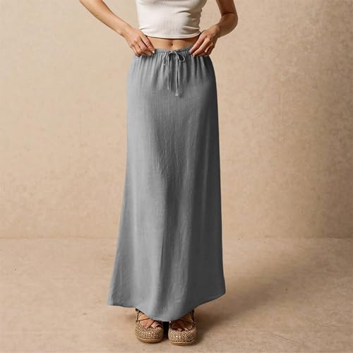 Womens Linen Maxi Skirt Drawstring Low Rise Long Skirts, 2025 Summer Casual Comfortable Bohemian Beach A-Line Skirt4
