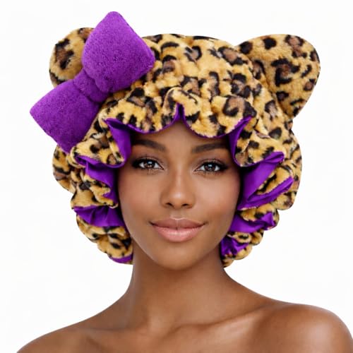 Cute Plush Animal Ear Hair Bonnet for Women - Warm Silky Satin Lined Sleep Cap for Curly Hair. Cat Bear and Leopard Designs (Purple Leopard)