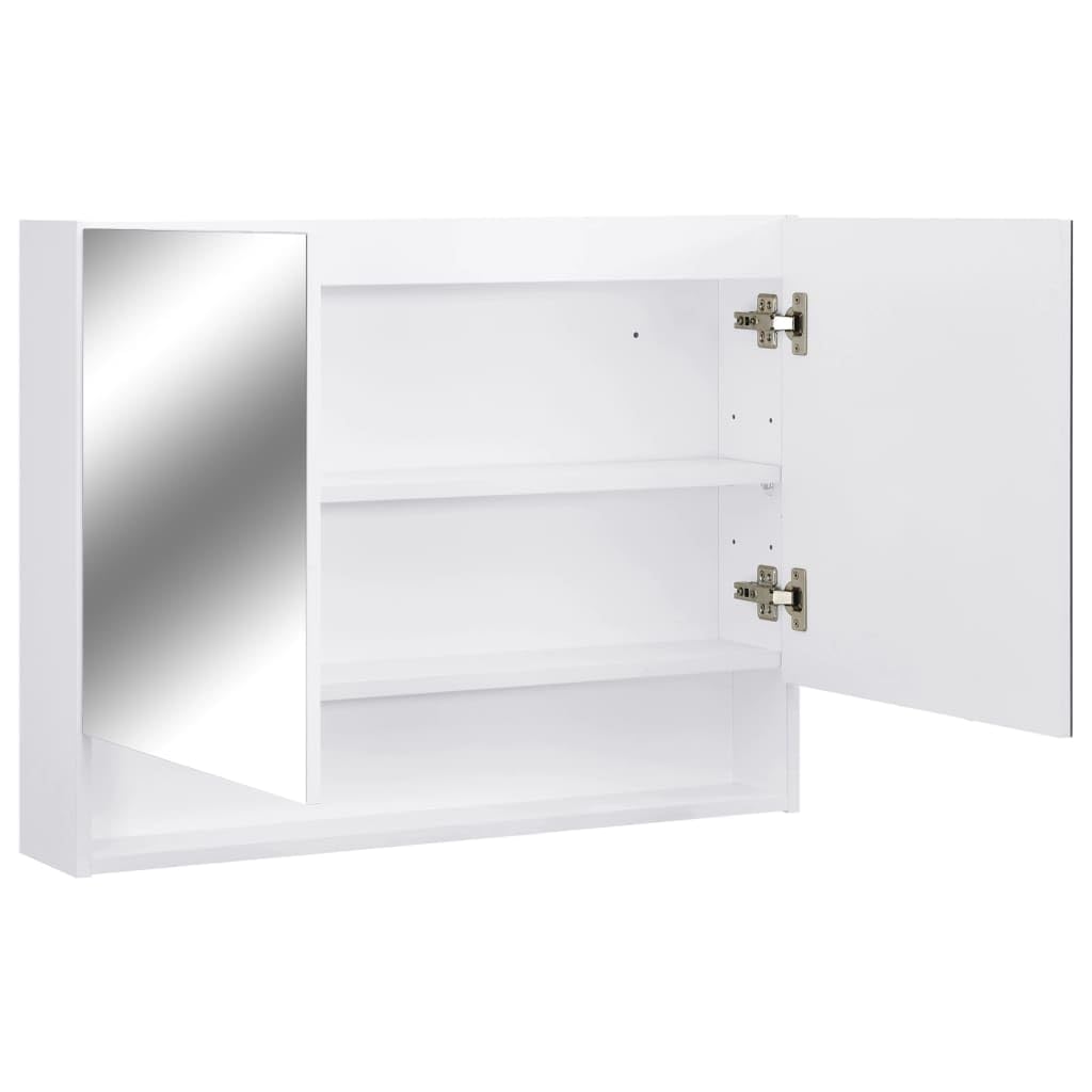 Szafka z lustrem kosmetycznym LED, biała, MDF, melamina, 80 x 15 x 60 cm, z przyłączem USB, 2 drzwi, 3 wkładane półki, światło LED do łazienki, umywalki, miejsce do przechowywania