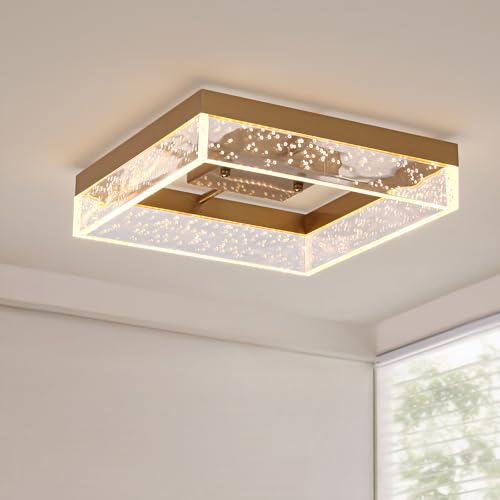 Qcyuui - Qcyuui LED Ceiling Light Flush Mount 11.81in 20W Square LED Ceiling Lamp with Clear Bubble Acrylic Modern Led Ceiling Light for Kitchen Hallway Closet Living Room Bedroom, Gold, 3000K Dimmable