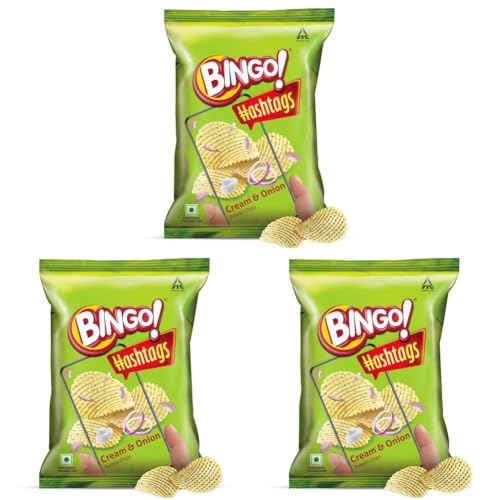 Image of Bingo! Hashtags Cream & Onion Potato Chips, 58 grams /53 grams /56.6G(Weight may vary) (Pack of 3)