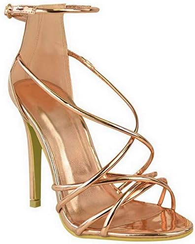 WOMENS LADIES NEW HIGH HEEL BARELY THERE STRAPPY ANKLE STRAP SANDALS SHOES SIZE [Rose Gold Metallic UK 6 / EU 39 / US 8]
