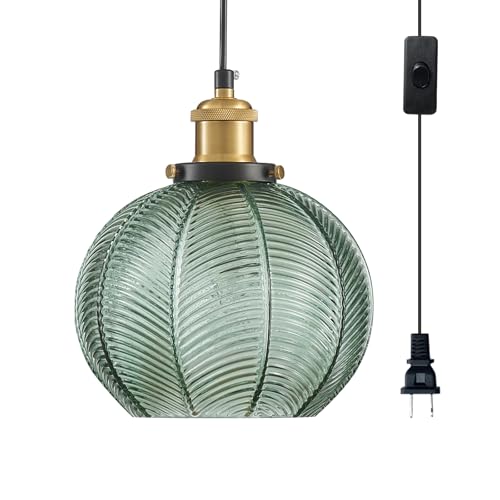 Image of ZRPSSGE Modern Plug in Hanging Light, 7.8 Inch Glass Pendant Light with 14.76 FT Adjustable Plug in Cord, Vintage Green Hanging Lamp for Dining Room Bedroom Kitchen Island Bathroom E26