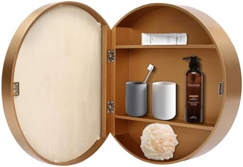 20" Round Bathroom Mirror Cabinet, Wall Mounted Storage Medicine Cabinet with Mirror, Wooden Round Wall Storage Cabinet for Bathroom, Stylish & Functional Design