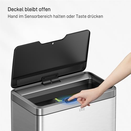 Image of EKO Mirage Rubbish Bin with Sensor, 2 Compartments 2 x 20 L, Automatic Kitchen Rubbish Bin, 2 Plastic Inner Buckets, Soft Closing Lid, Fingerprint-Free, Electric Waste Bin, Matte Stainless Steel