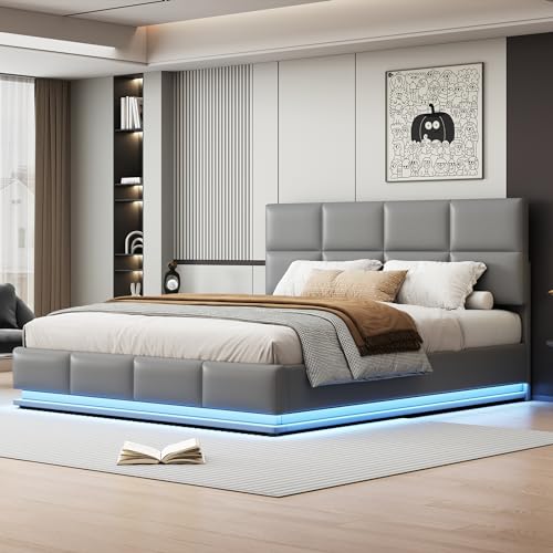 Cama tapizada de 180 x 200 cm con iluminación LED y espacio de almacenamiento hidráulico elevable de cama, caja de cama y somier, funda de piel sintética, cama doble para adultos (gris claro)