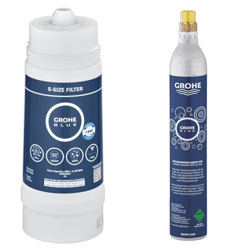 GROHE Blue - Austauschfilter (S-Size, 600 Liter bei 20° dKH, 5-Phasen-Filter), 40404001 & Blue - CO2 Flasche (425g, für jeden Wassersprudler, für bis zu 60 Liter), chrom, 40651000