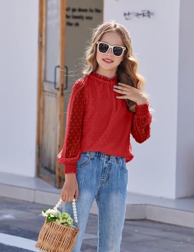 Image of Arshiner Girls Long Sleeve Shirts Chiffon Blouses Swiss Dot Frill Neck Top