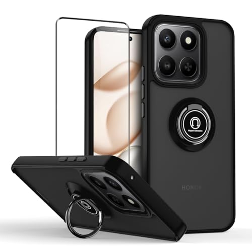 QUIETIP Case for Honor X7d & Honor 400 Smart with Screen Protector,Translucent Matte Drop Magnetic Ring Car Mount Stand Cover,Black