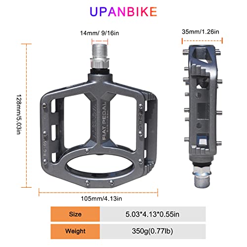Upanbike Magnesium Alloy Bike Pedals 9/16'' Spindle Bearing High-Strength Non-Slip Large Flat Platform For Mountain Bike Road Bicycle (Titanium Color) #TOP2