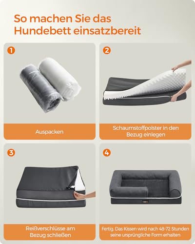 Feandrea Orthopädisches Hundebett, Hundekissen, Hundekorb, weiche Polsterung, Hundesofa, erhöhte Ränder, Bezug abnehmbar und waschbar, 76 x 51 x 18 cm, rutschfeste Unterseite, dunkelgrau PGW074G01V1