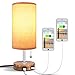 Hong-in USB Table Lamp with Dual USB Port, Solid Wood Desk Lamp, Minimalist Design Nightstand Lamp with Fabric Shade USB Charging Port for Bedroom, Living Room, Coffee Table, Study Room (Round)