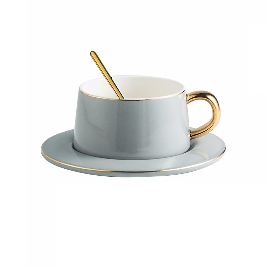 Nff Cup And Saucer Set, Ceramic Coffee Mug And Saucer Porcelain Afternoon Tea Cup Set With Gold Rim Suitable For Coffee, Tea, Milk, 250ML (Color : Grey)