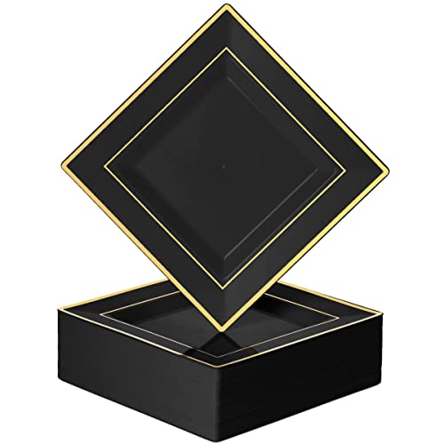 Plastic Disposable Square Dessert Plates | 50-Pack 7.5 Inches Black With Gold Rim Square Plates | Ideal For Weddings, Parties, Catering | Heavy Duty & Non Toxic #TOP16