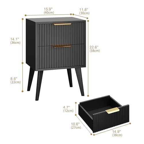 Image of YAUKOMEL Fluted Nightstand with 2 Drawers,Black Bedside Table