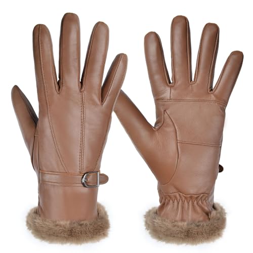 Harssidanzar Gants en cuir pour femmes gants d'hiver thermiques gants habillés en cuir doublés de fourrure SL022EU,Cognac,Taille L