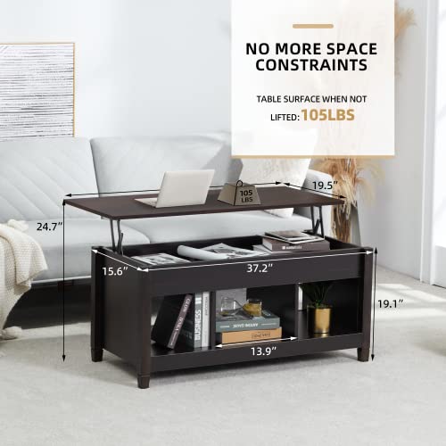 Homrest Lift Top Coffee Table Wood Dinning Coffee Table W/Storage Compartment & Display Shelves, Lift Tabletop Coffee Table For Living Room/Apartment/Office, Dark Brown #TOP2