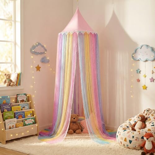 MOOZHEALTH Rainbow Bed Canopy for Girls,Shiny Kids Princess Round Dome