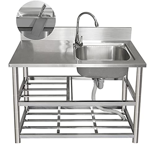 QHW Évier de Cuisine en Acier Inoxydable 304, lavabo Simple avec établi sur Pied, Robinet d'eau Chaude et Froide à col de Cygne 360 ​​°, étagère de Rangement 3 Couches, Longueur: 80/100 / 120cm Cover
