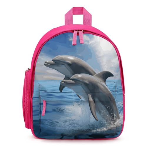 Two Dolphins Backpack Small Book Bag with Side Pocket, Lightweight Durable Backpack, Travel Rucksack, Pink-style