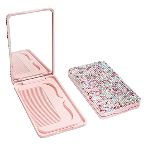 Wowagoga Mini Sparkling Rhinestone Rectangular Shaped Travel Magnifying Mirror With Small Combs, Small Pocket Mirror Compact Mirror Handbag Mirror For Women Girls Daily Use (Pink) #TOP8