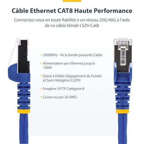 StarTech.com Câble Ethernet CAT8 de 3m RJ45 Snagless 25G40G 2000MHz PoE++ /FTP Fil de Cuivre Pur 26AWG LSZH Cordon de Raccordement - vue 3