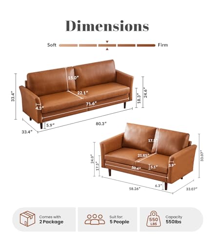 Image of Kingfun 2 Piece Faux Leather Sofa Set, Mid Century Modern Living Room Furniture Set with 3-Seater Sofa and Loveseat, Small Leather Couch with Solid Wood Frame for Bedroom and Office, Mid Brown