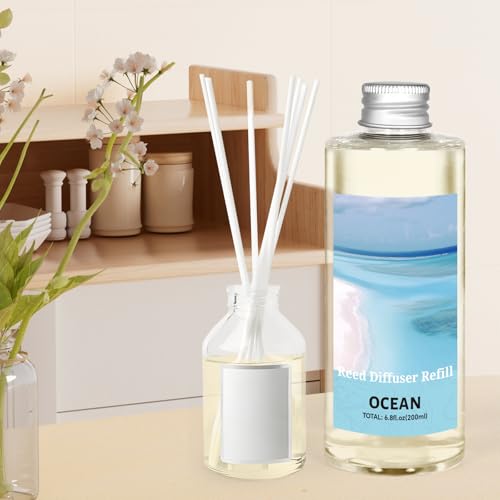 Image of STRN Reed Diffuser Oil Refill, Ocean Scented Diffuser Oil Refills with 6 Reed Sticks 200ML(6.8fl.oz), Room Fresheners for Home, Long-Lasting Fragrance for Living Room, Bedroom, Office, Home Decor