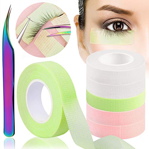 EBANKU 6 Rollos Cintas de Extensión de Pestañas Cinta Adhesiva de Tela Microporosa Transpirable Cinta de Injerto de Pestaña de Maquillaje con Pinzas para Pegatina de Tapar Párpado Cover