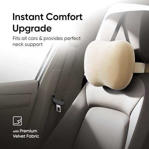 Image of Frido Mini Car Neck Pillow | Compact Ergonomic Memory Foam | Relieves Neck & Shoulder Strain | Ultrasoft Neck Rest Pillow for Comfortable Rides | Breathable Microfiber | Washable Velvet Cover | Beige