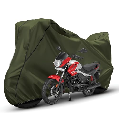 Image of Waterproof Bike Body Cover Compatible with Hero Passion Pro Dustproof Scratchproof - Motorcycle Cover for Two Wheeler, Outdoor Full Cover with UV, Duty, Rain Protection (Olive with Black) R1