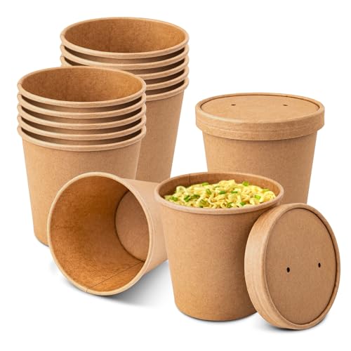PakTalk Paper Soup Bowls with Lids Disposable Ice Cream Cups Kraft Paper Soup Bowls 26oz To Go Soup Containers with Lids for Hot Soups Food Storage Ice Creams(10 Sets 26 oz)