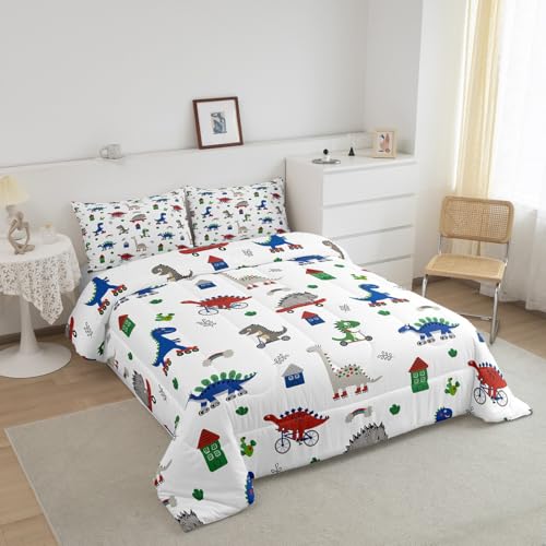 Image of Feelyou Kids Cartoon Dino Comforter Set King Size, Blue Green Dinosaur Bedding Set Boys Girls Kawaii Comforter Jungle Dino Duvet Insert 3Pcs