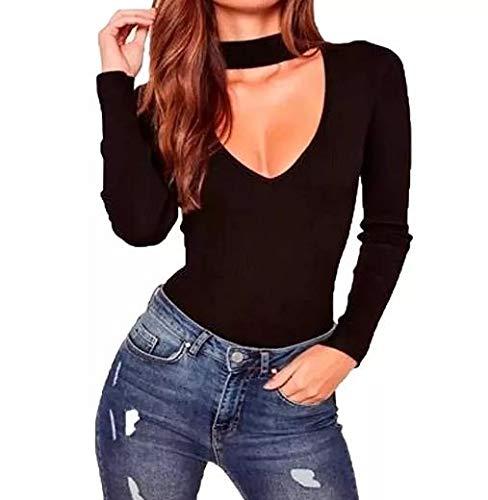 Blusa Feminina Chocker Decote V M/L Cor:Preto;Desenho do tecido:Liso;Tamanho:P;