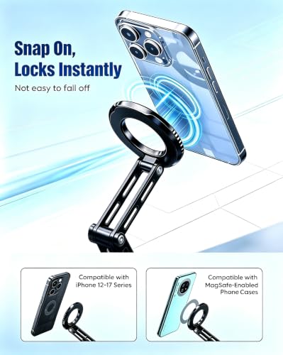 Image of CAMBOFOTO Magnetic Phone Holder for iPhone Aluminum Mini Tripod Stand Black | Strong Magnet Ring Phone Grip Stand for Desk, Adjustable Mount Compactible with MagSafe /Android Cellphone Calls Vlog Video