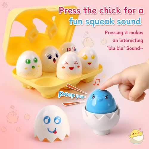 Image of USATDD Easter Egg Toys Hide & Squeak Matching Eggs for Toddlers, Color Recognition Sensory Learning Toys, Fine Motor Skills Montessori Geometric Eggs Gifts for Kids Easter Basket Stuffers