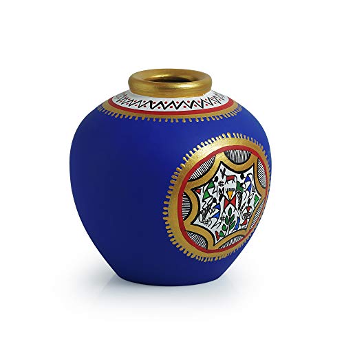 Image of ExclusiveLane El-006-013 Earthenware Warli Handpainted Living Room and Home Decorative Matki Shaped Flower Terracotta Round Vase (Blue, 13.97 Cm X 13.97 Cm X 15.24 Cm)