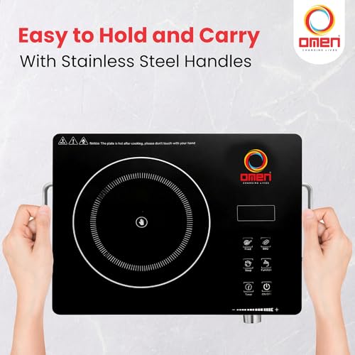 Image of Omen Changing Lives 2000W Infrared Cooktop With Stainless Steel Grill Rack | Crystal Glass | Touch Control | Digital Display | 3 Preset Menus | Adjustable Temperature Knob | 1 Year Warranty (Silver)