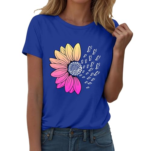 Camiseta de mujer de algodón de gran tamaño con flores, camiseta básica elegante, cuello redondo, camisetas estampadas para mujer, camisetas de manga corta, camisetas informales, blusa holgada