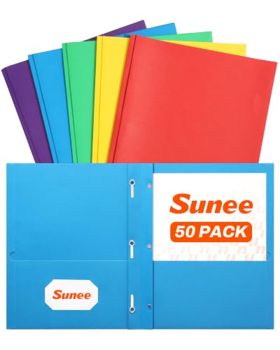 SUNEE Folders with Prongs (50 Pack, Assorted Colors), 3 Prong Folders with 3 Metal Prong Fastener Clips, 2 Pocket, Fit Letter Size Paper, Paper Folders for School Office Home Business