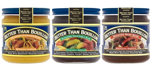 Better Than Bouillon Reduced Sodium Base Variety Pack, 1 Jar Reduced Sodium Roasted Chicken Base, 1 Jar Reduced Sodium Seasoned Vegetable Base, 1 Jar Reduced Sodium Roasted Beef Base, 8 OZ Jars (3 CT)
