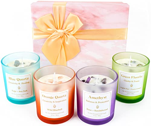 Scented Candles with Healing Crystals, Set of 4 Soy Candle with Crystals Healing Stones, Aromatherapy Candle Clearance Gifts for Women, Rose Sage Amethyst Wax Candles, Bathroom Candles for Relaxation