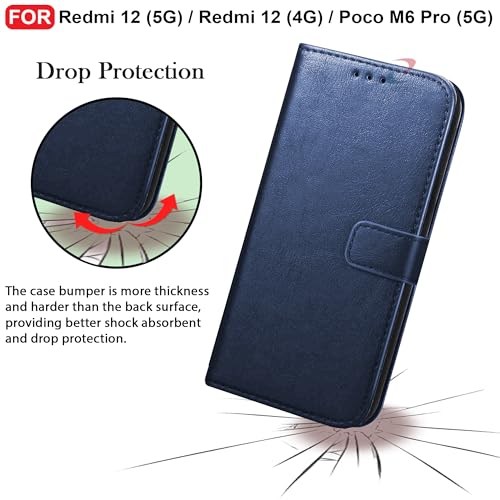 Image of CEDO Flip Cover for Redmi 12 (5G) / Redmi 12 (4G) / Poco M6 Pro (5G) | Leather Finish | Inside Pockets & Inbuilt Stand | Shockproof Wallet Style Magnetic Closure Back Case Flipcover (Blue)